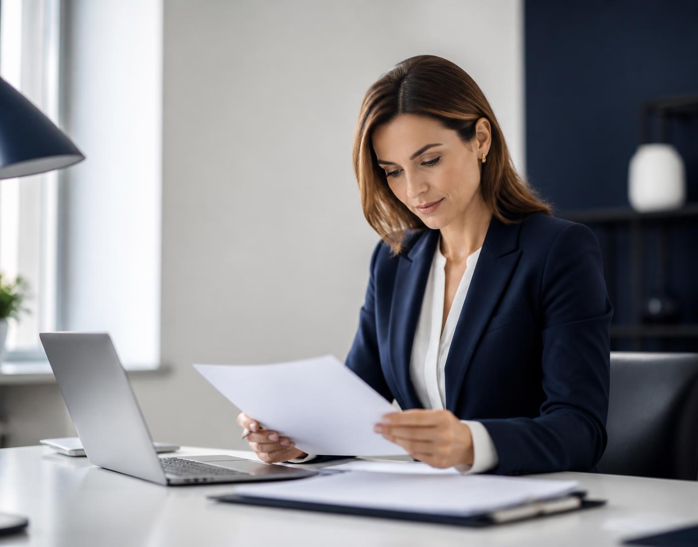Contadora da CR Contabilidade analisando documentos financeiros de um cliente